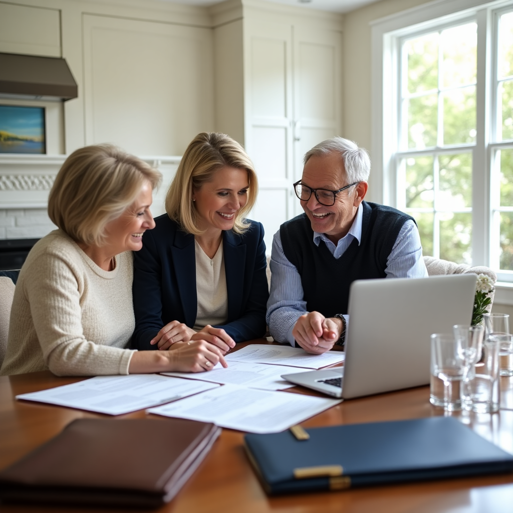 Adult daughter helping her senior parents review Medicaid planning documents at home, all three smiling while discussing paperwork at their dining table.