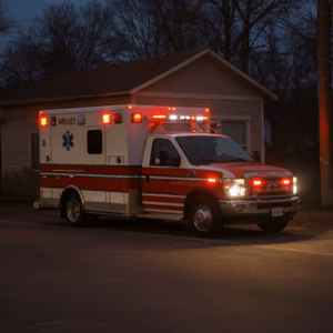 ambulance with lights on parked in front of modest house