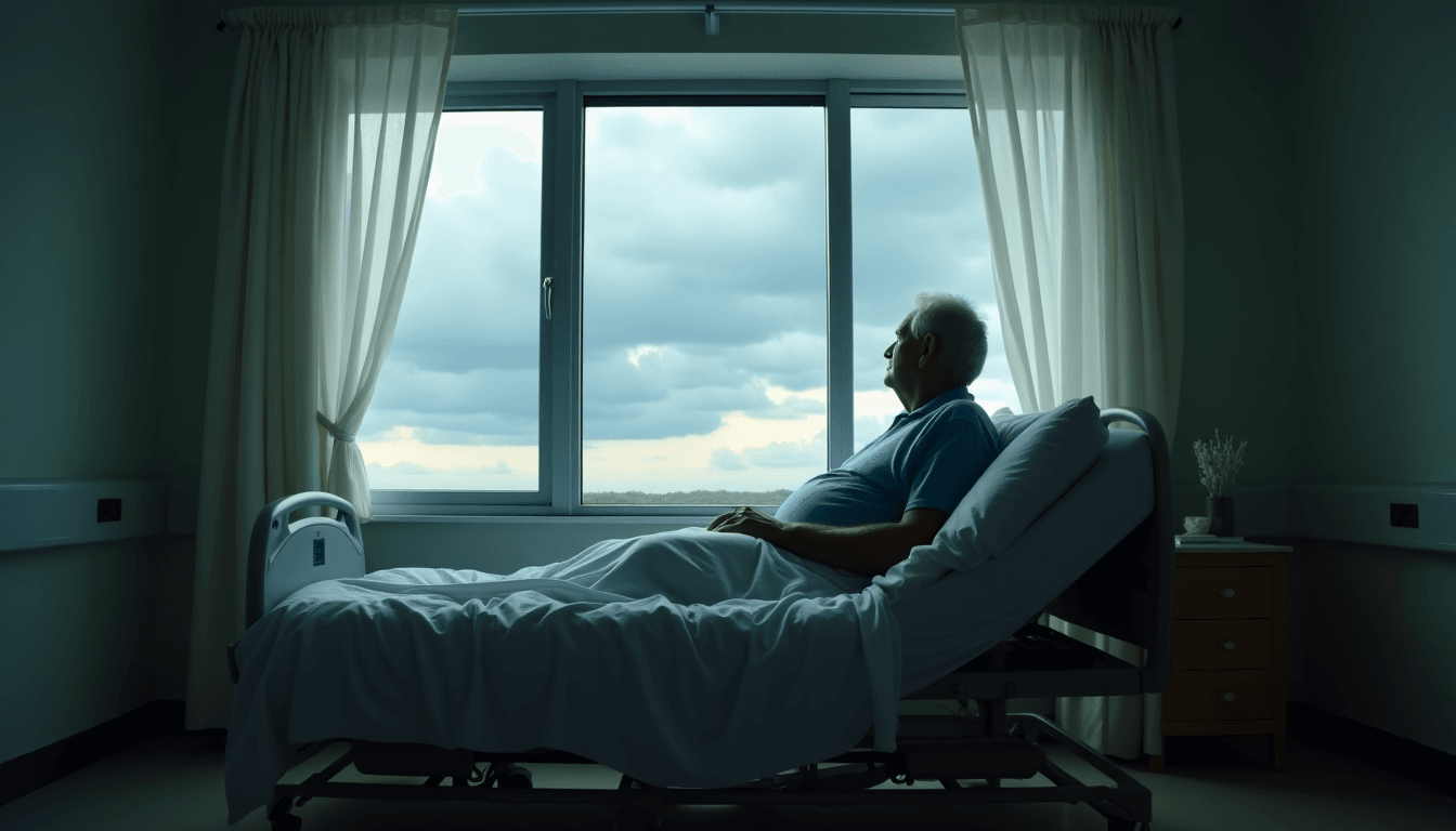 man laying in hospital bed looking out window