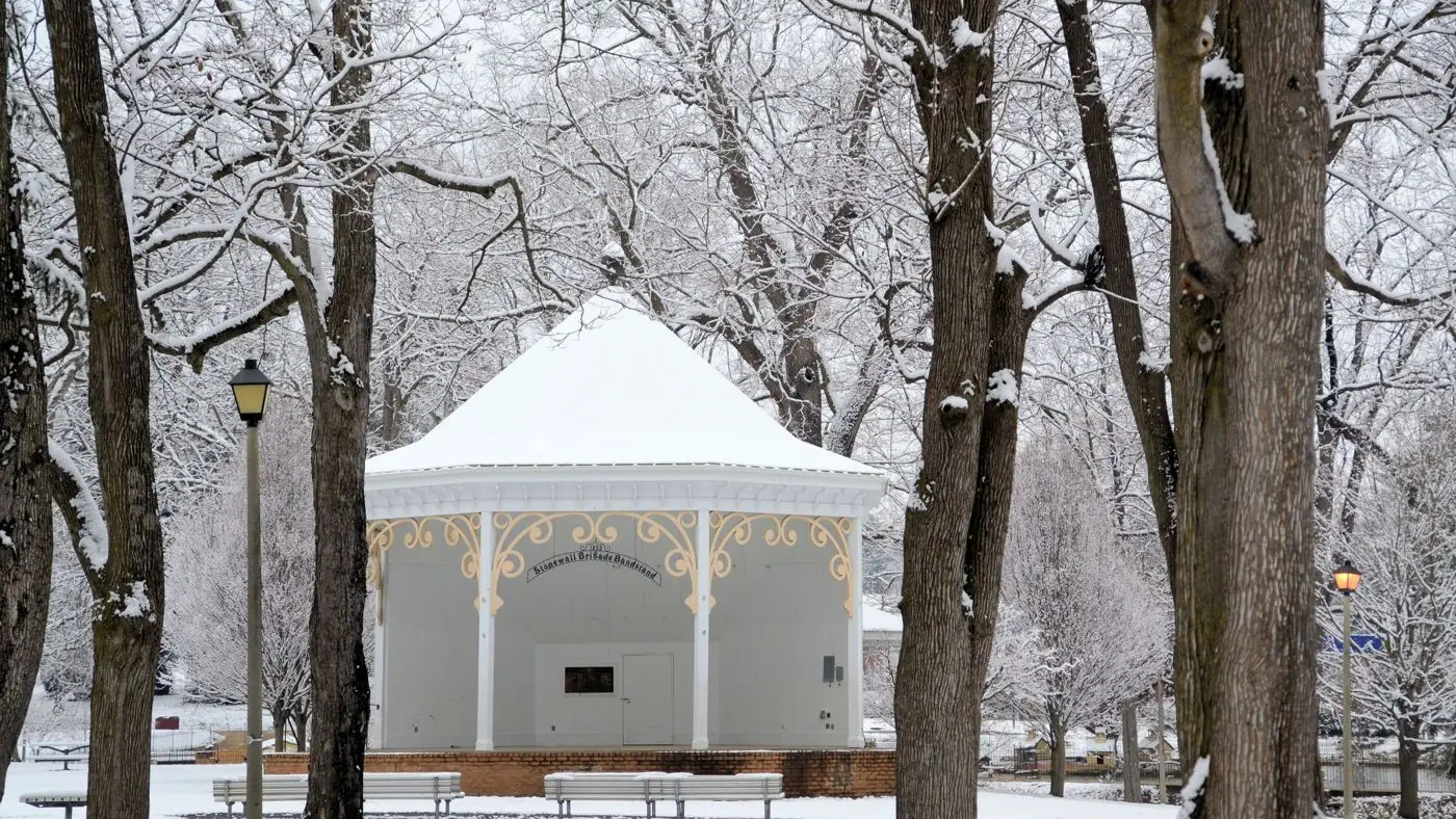 A snow-covered gazebo in a Shenandoah Valley park