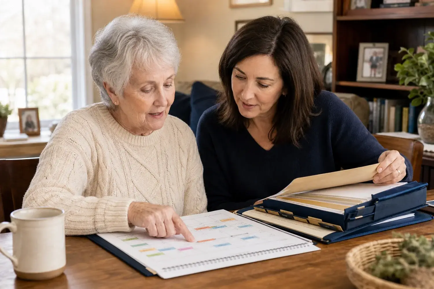 Guardian and older adult reviewing a care plan together.