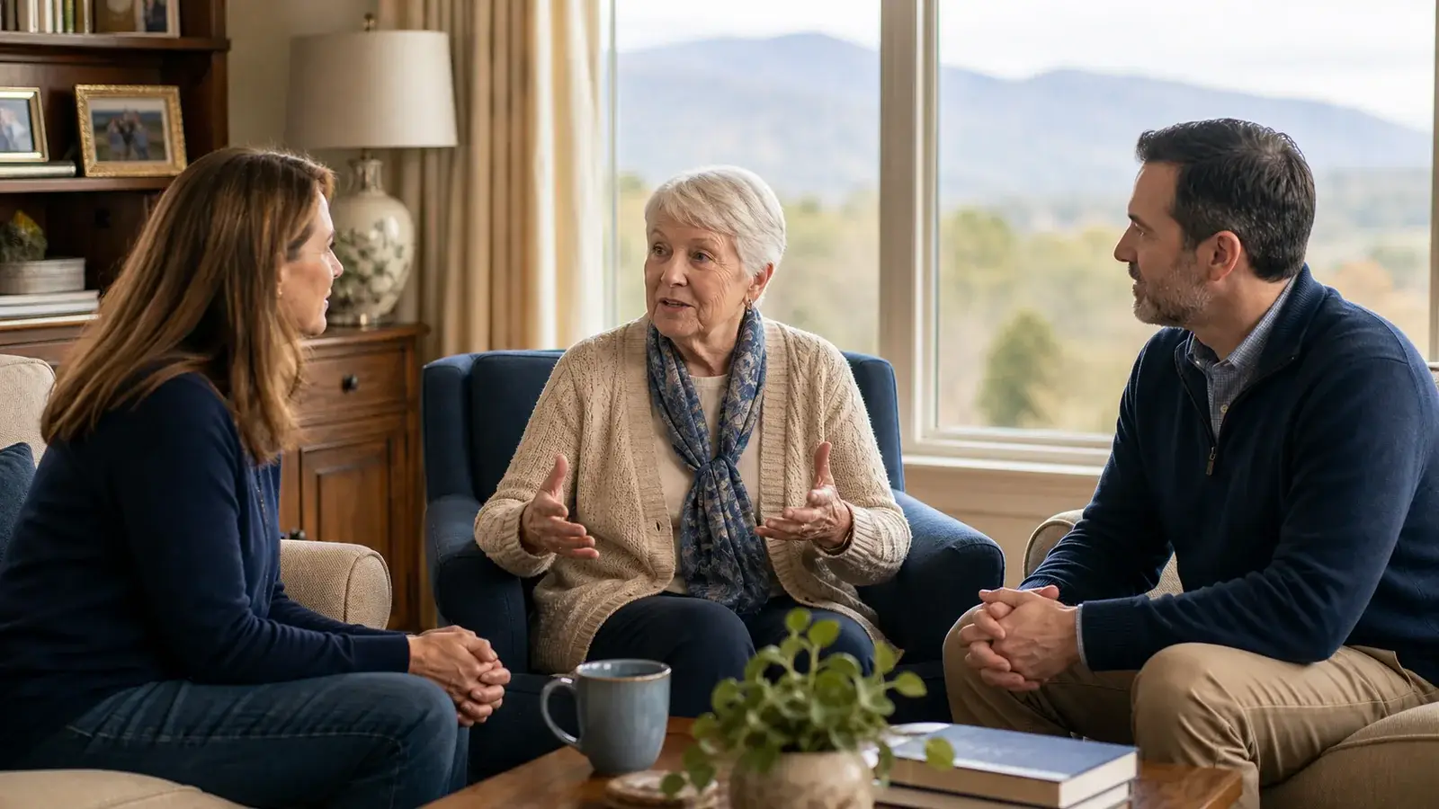 Older adult leading a supported family decision-making conversation at home.