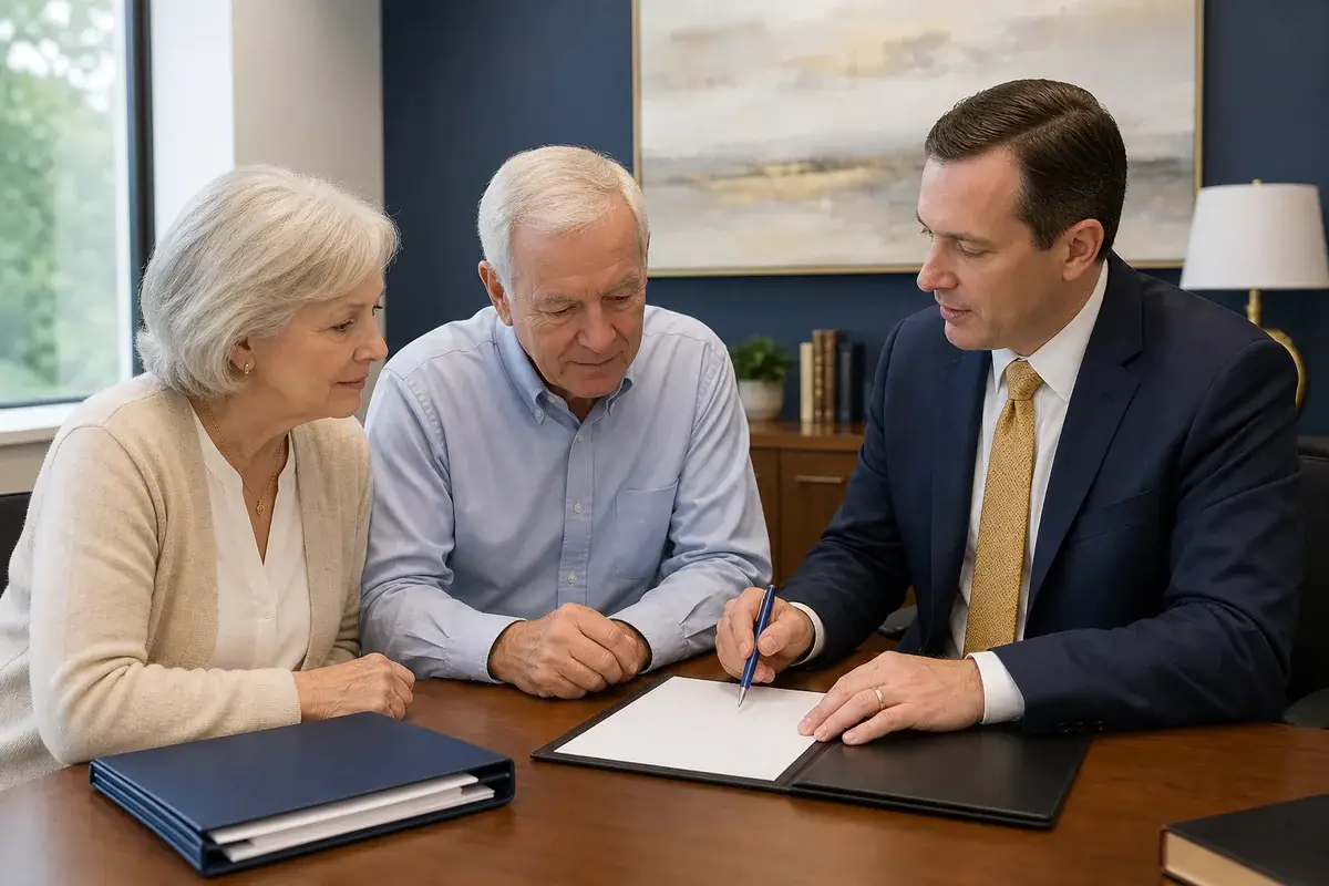 Married couple reviewing Virginia Medicaid spouse-protection calculations with an elder-law attorney.