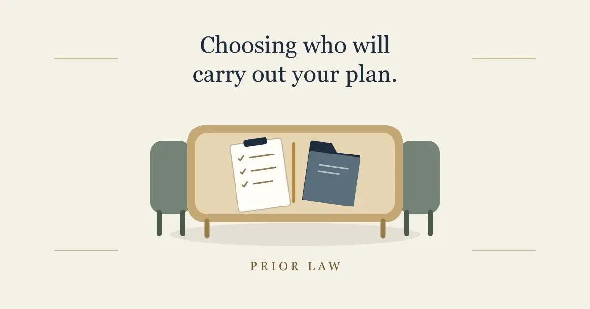 Two chairs at a shared planning table with a checklist, under the words Choosing who will carry out your plan.