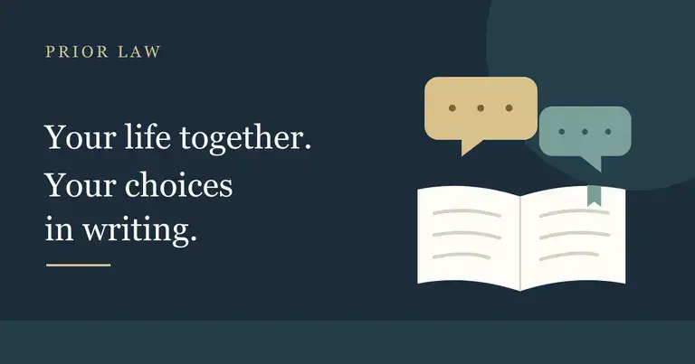 Two speech bubbles above an open notebook, with the words Your life together. Your choices in writing.