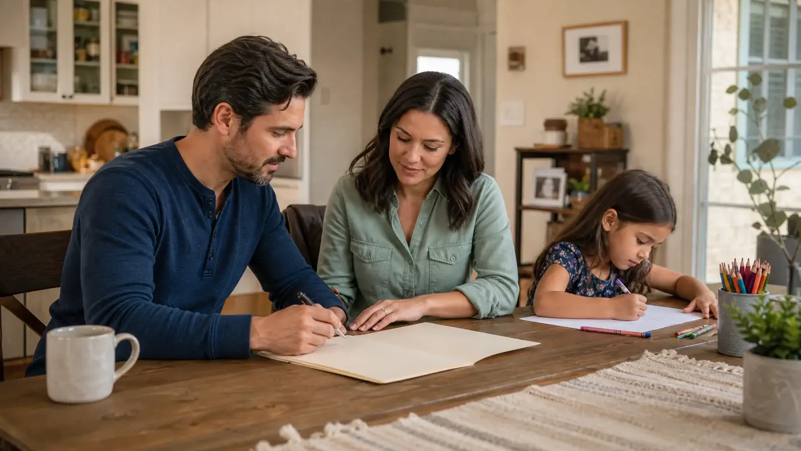 Parents reviewing paperwork while their child draws at the kitchen table