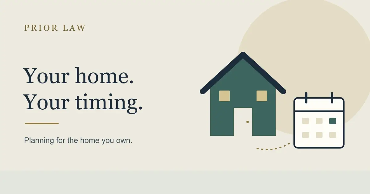 A house and a calendar connected by a dotted path, with the words Your home. Your timing.