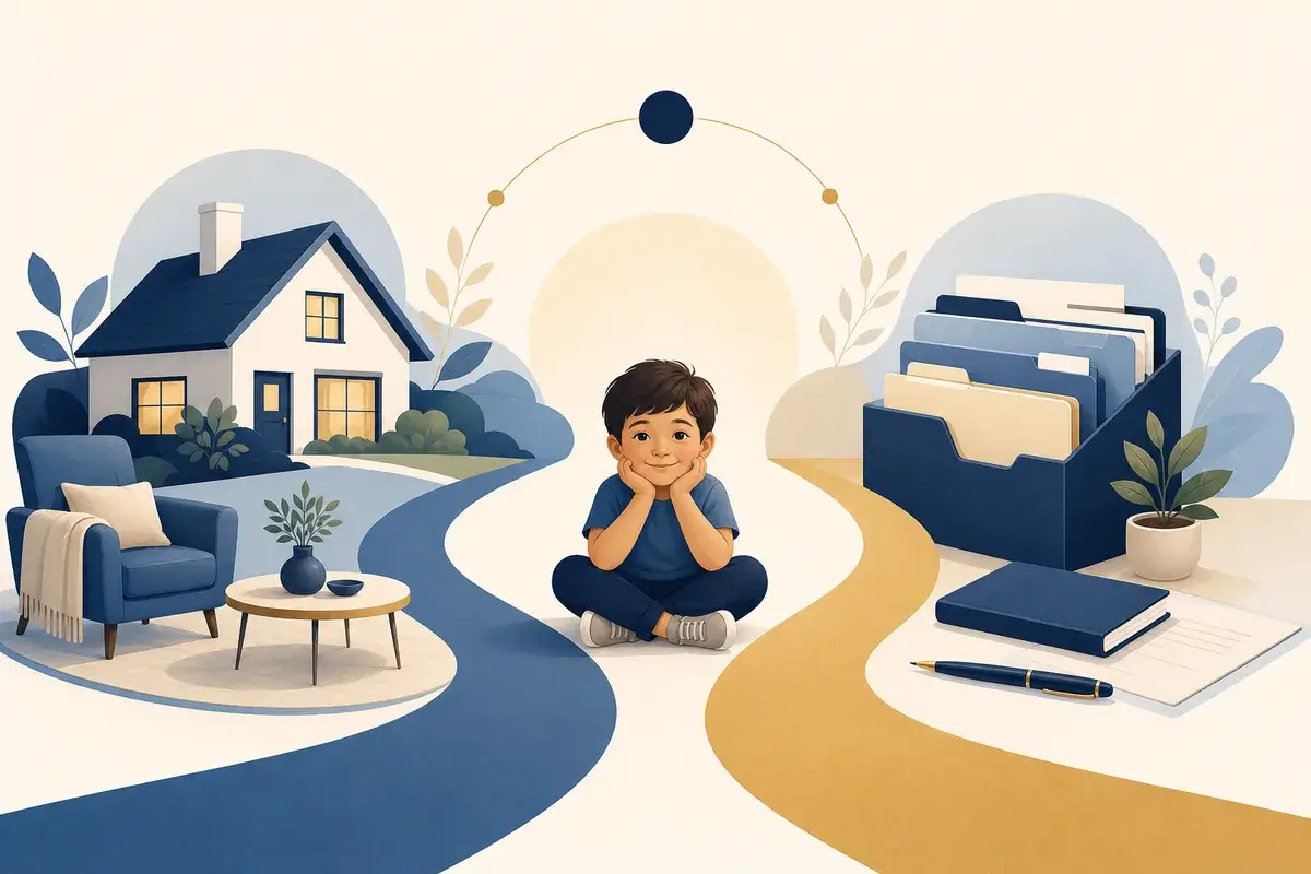 Illustration of a child between a home and financial records, representing separate caregiver and trustee roles