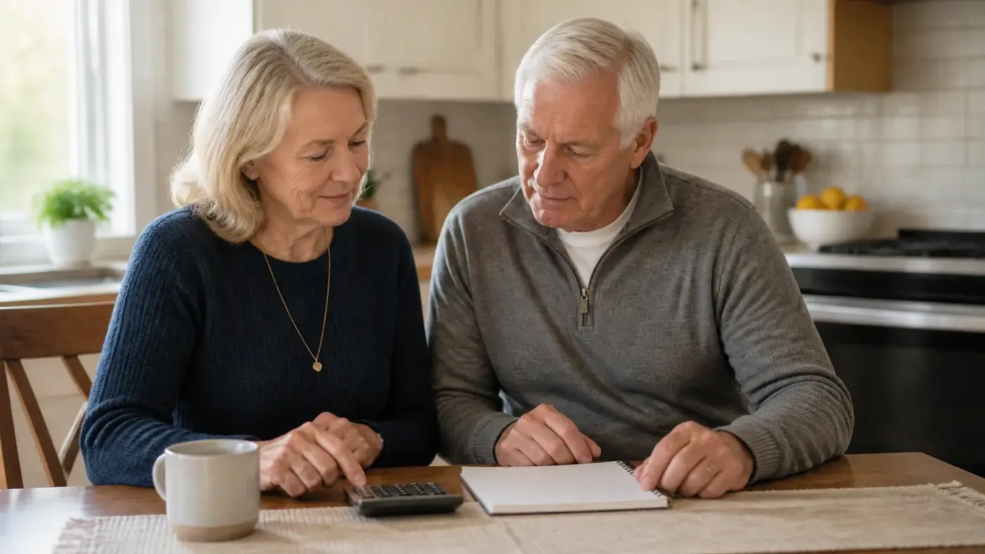 An older couple reviews a household budget together at a kitchen table.