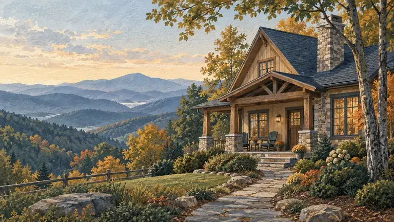 Editorial illustration of a mountain home with a porch and wooded Blue Ridge-style ridgelines