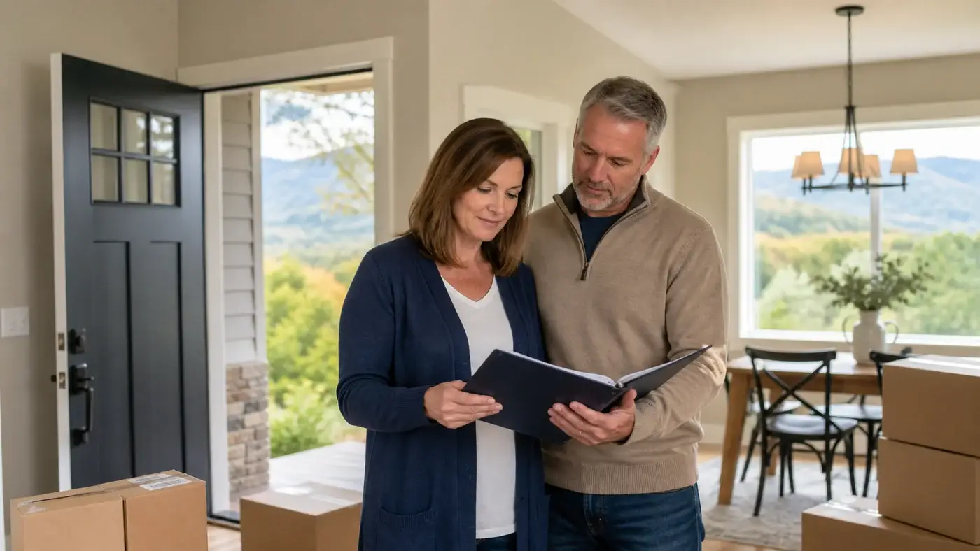 A couple reviews an estate-planning binder while settling into a new Virginia home.