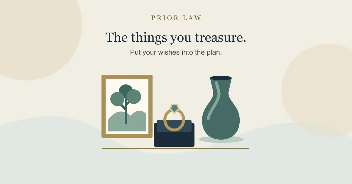 A framed tree illustration, a ring in a keepsake box and a vase, under the words The things you treasure.
