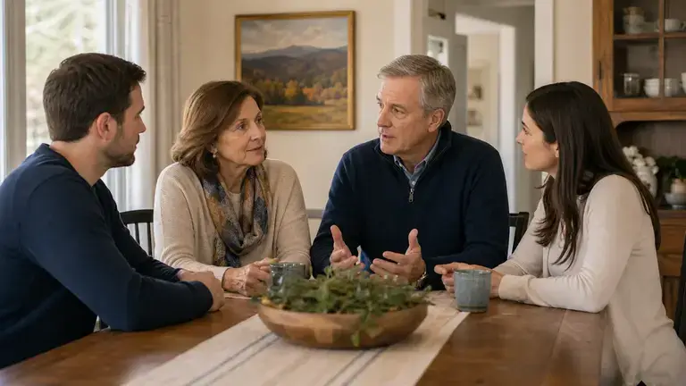 An older couple discusses family estate planning with two adult family members at a dining table.
