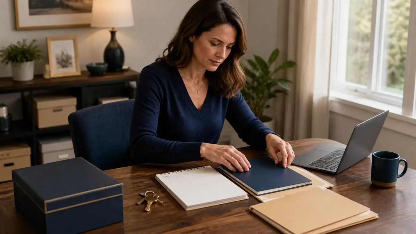 A successor trustee organizes folders, a calendar, and house keys at a home-office desk.