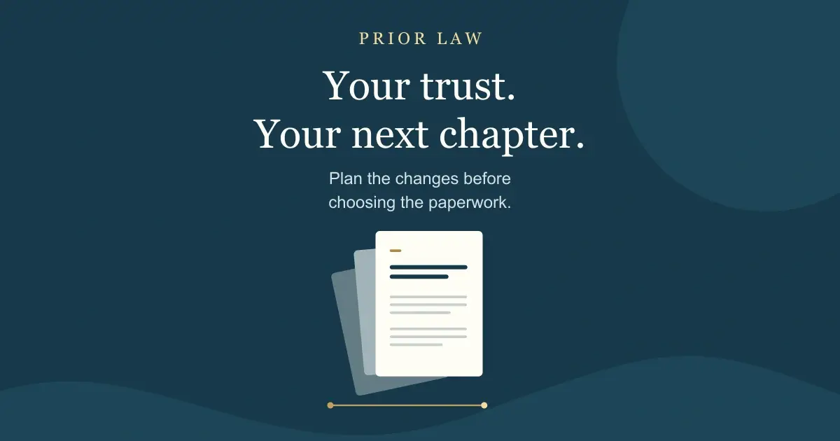 Earlier document pages beside a current document, with the words Your trust. Your next chapter.