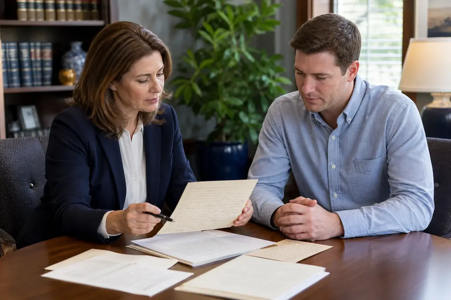 Attorney and family member reviewing a handwritten document and handwriting samples
