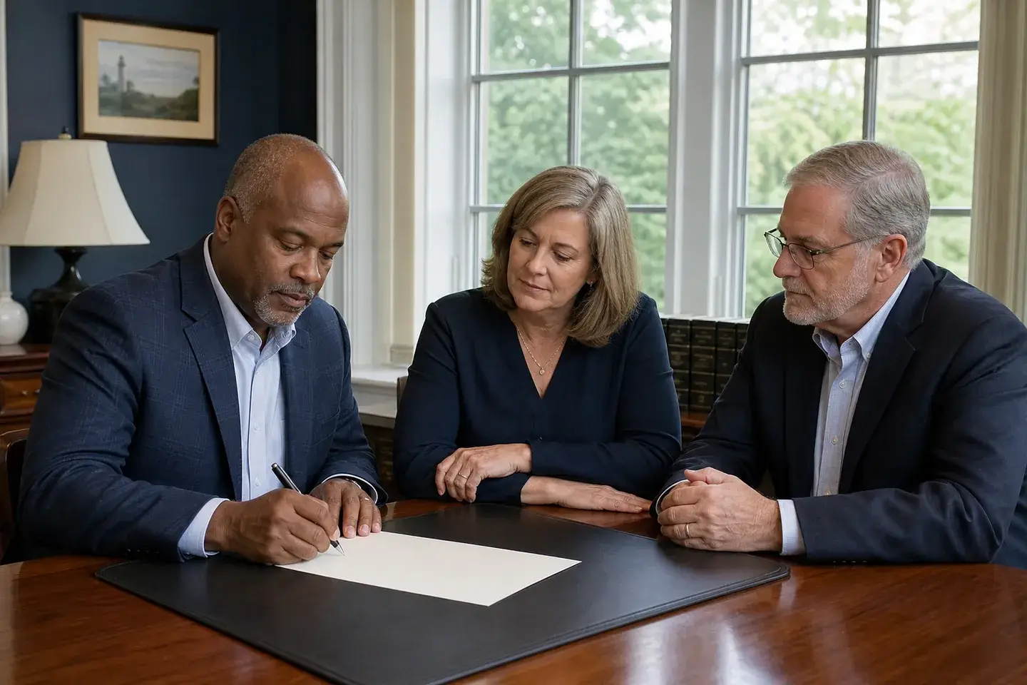 Three adults seated together while one signs a document and the other two observe