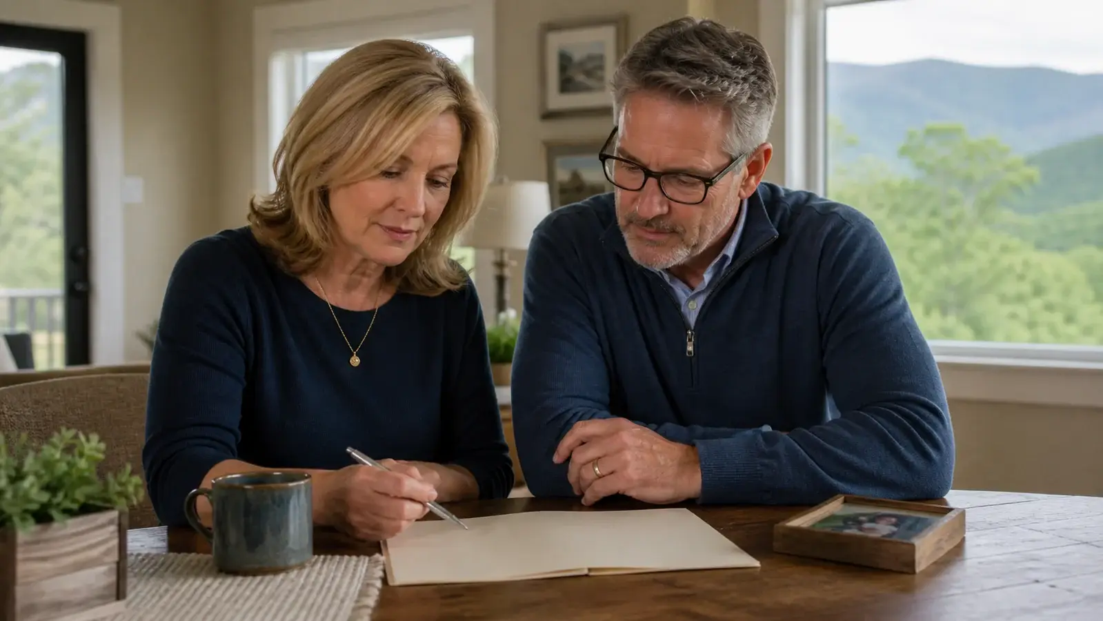 Couple organizing papers in a document folder at home