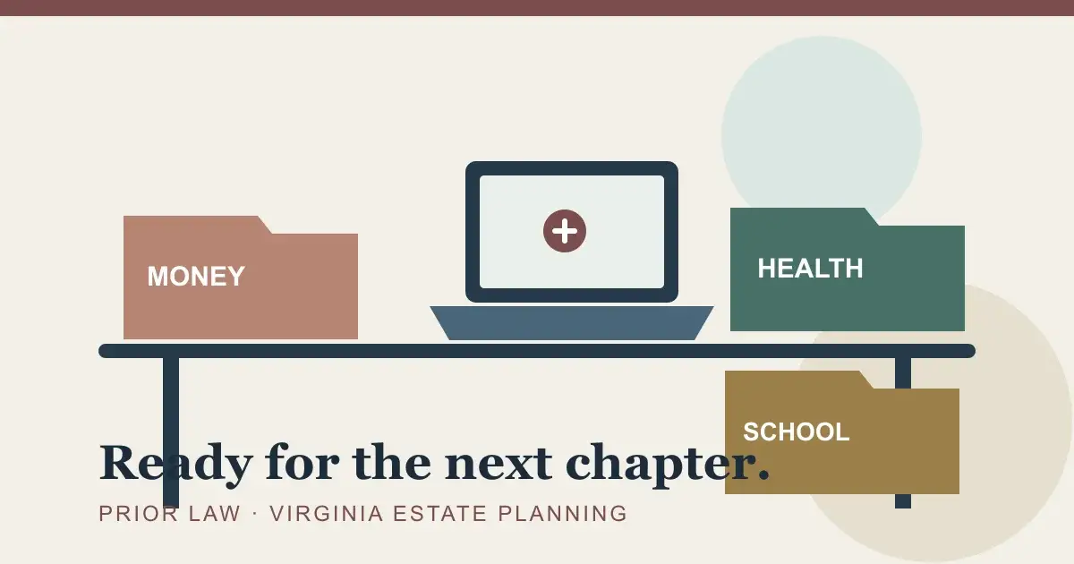 A desk with a laptop and three labeled planning folders for money, health and education, under the words Ready for the next chapter.